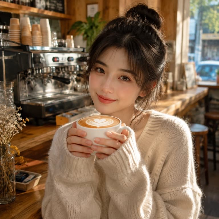 หญิงสาวดื่มกาแฟในคาเฟ่อบอุ่น